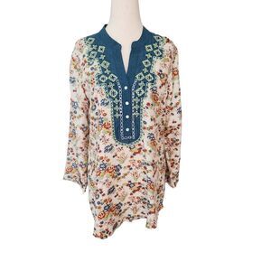 Sundance Floral Tunic with Blue Embroidery
